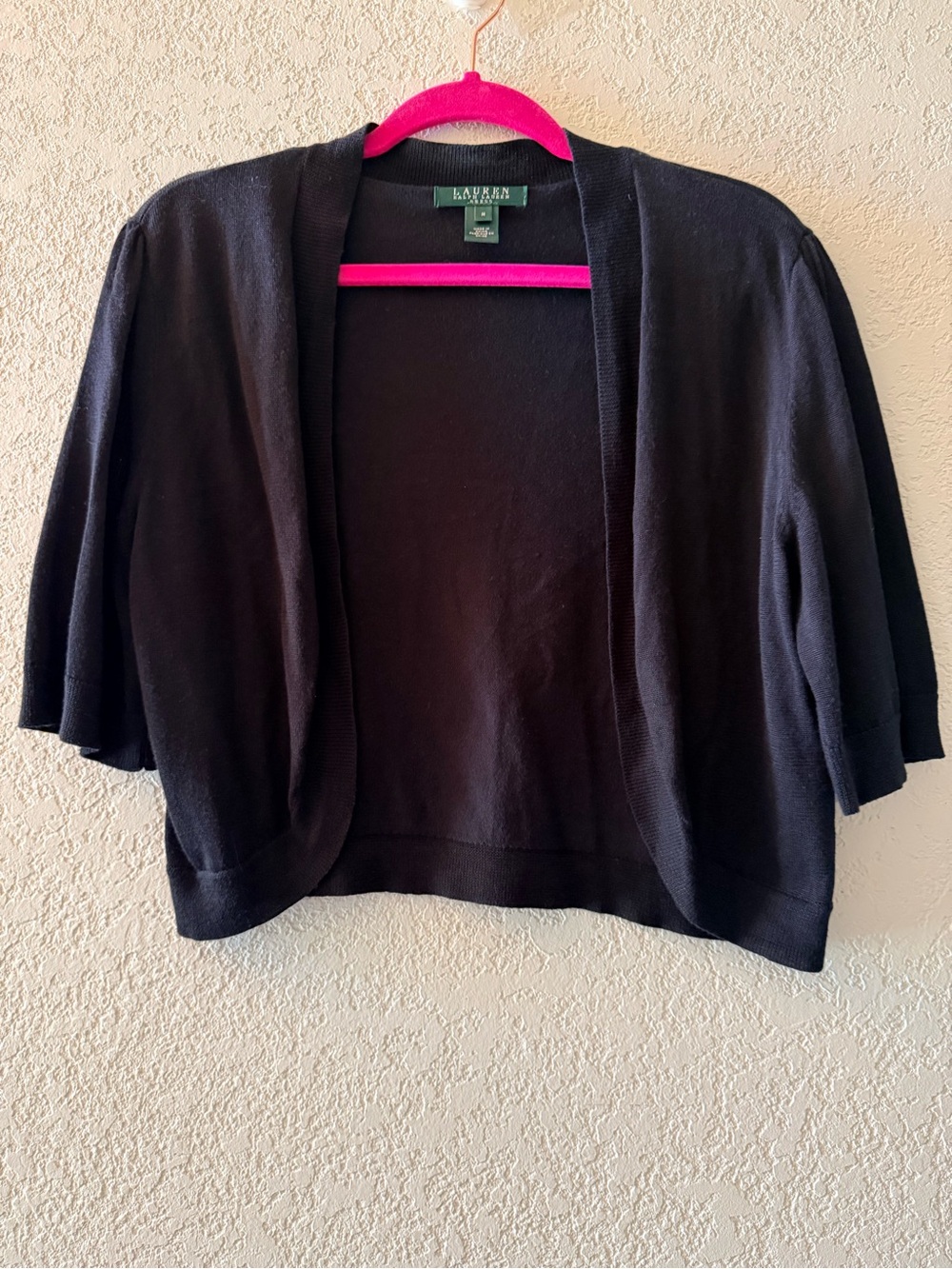 LAUREN RALPH LAUREN Black Short Sleeve Cropped Sweater Classy Cardigan Women Med